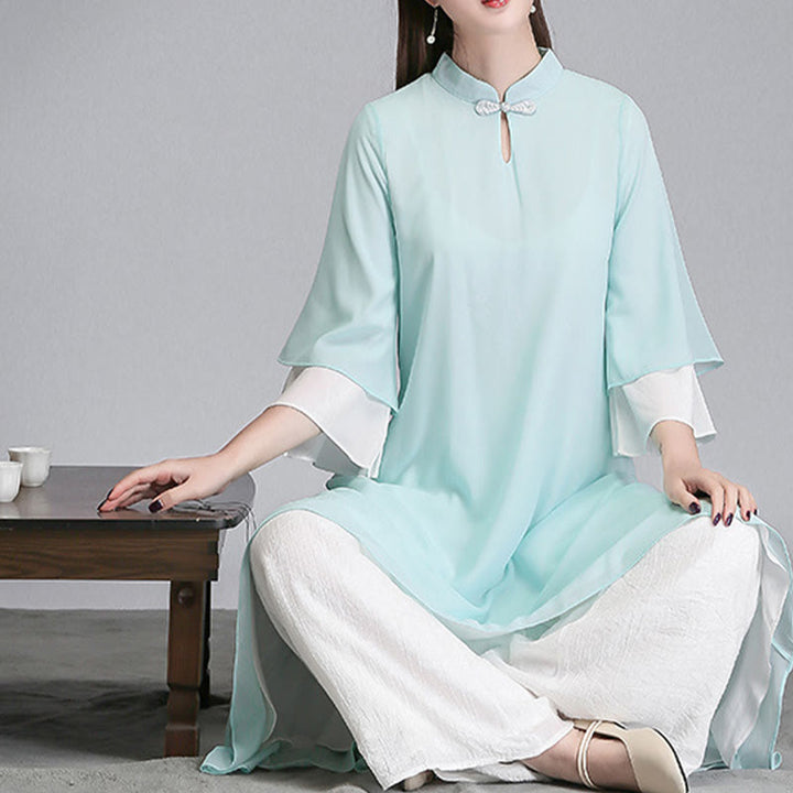 Buddha Stones Solid Damen Chiffon-Hemdkleid mit Dreiviertelärmeln und unregelmäßigem Schnitt, weite Hose, Meditationskleidung