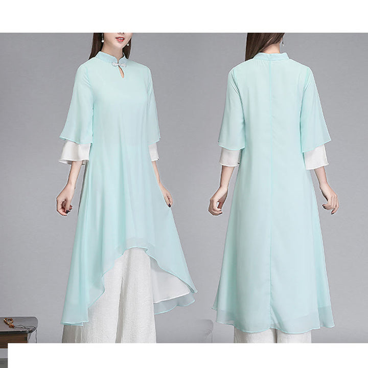Buddha Stones Solid Damen Chiffon-Hemdkleid mit Dreiviertelärmeln und unregelmäßigem Schnitt, weite Hose, Meditationskleidung
