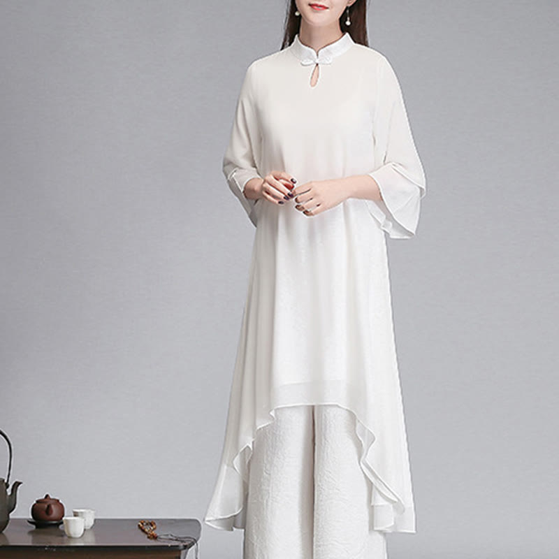 Buddha Stones Solid Damen Chiffon-Hemdkleid mit Dreiviertelärmeln und unregelmäßigem Schnitt, weite Hose, Meditationskleidung