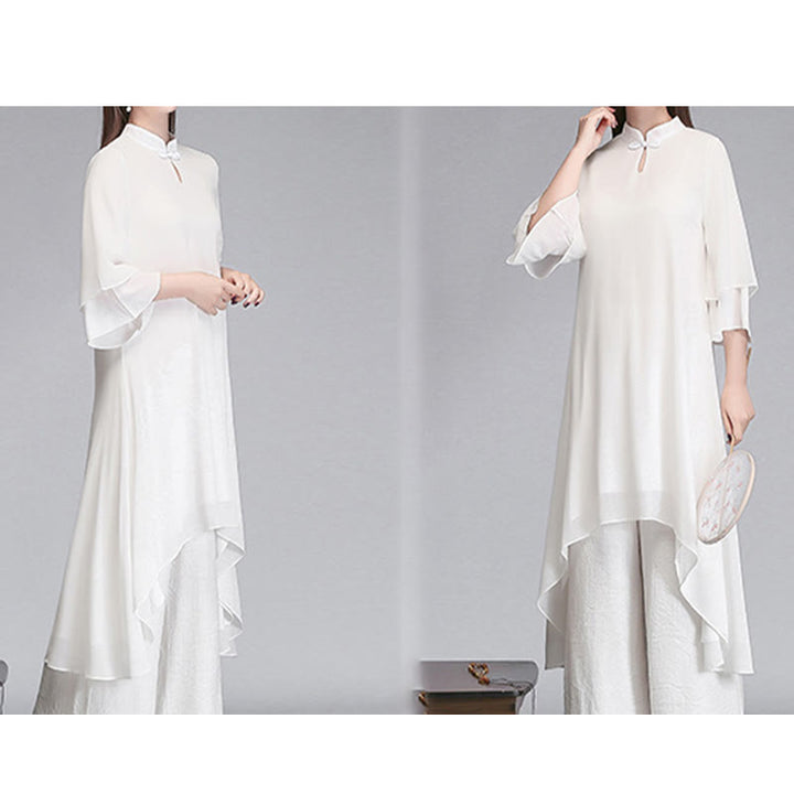 Buddha Stones Solid Damen Chiffon-Hemdkleid mit Dreiviertelärmeln und unregelmäßigem Schnitt, weite Hose, Meditationskleidung