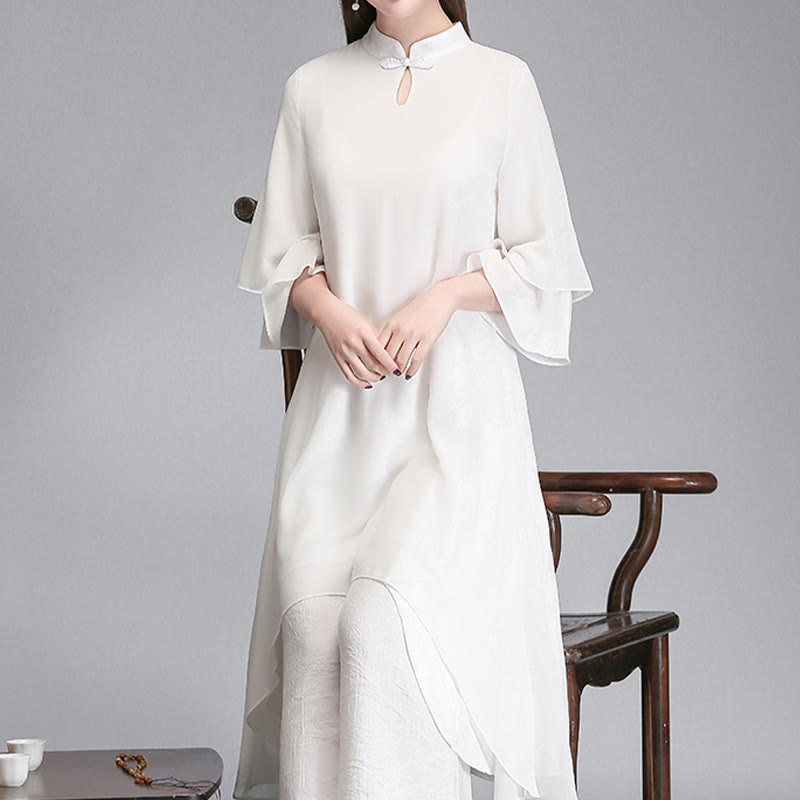 Buddha Stones Solid Damen Chiffon-Hemdkleid mit Dreiviertelärmeln und unregelmäßigem Schnitt, weite Hose, Meditationskleidung