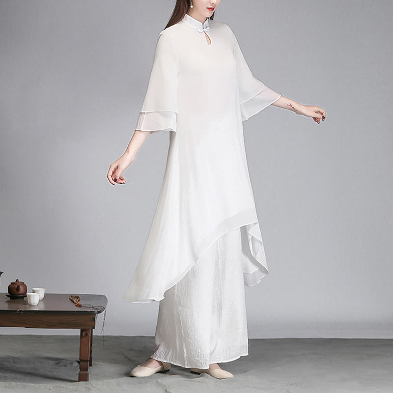 Buddha Stones Solid Damen Chiffon-Hemdkleid mit Dreiviertelärmeln und unregelmäßigem Schnitt, weite Hose, Meditationskleidung