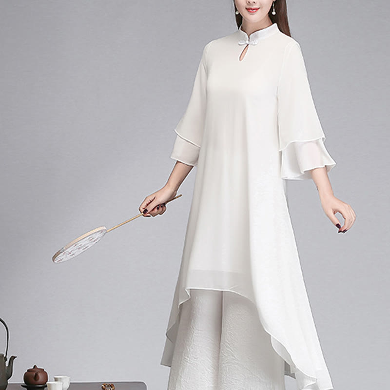Buddha Stones Solid Damen Chiffon-Hemdkleid mit Dreiviertelärmeln und unregelmäßigem Schnitt, weite Hose, Meditationskleidung