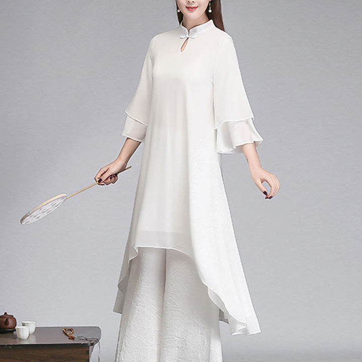 Buddha Stones Solid Damen Chiffon-Hemdkleid mit Dreiviertelärmeln und unregelmäßigem Schnitt, weite Hose, Meditationskleidung