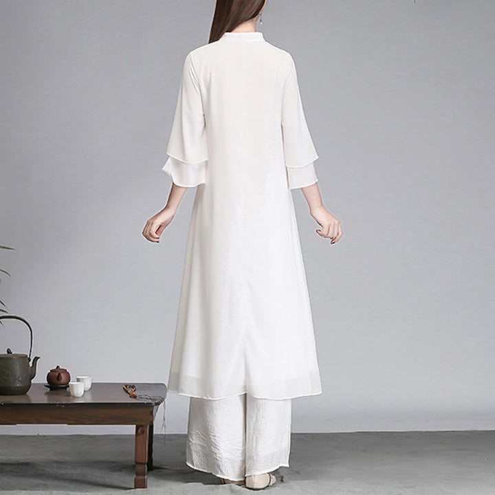 Buddha Stones Solid Damen Chiffon-Hemdkleid mit Dreiviertelärmeln und unregelmäßigem Schnitt, weite Hose, Meditationskleidung
