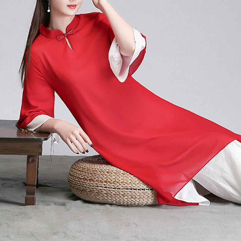 Buddha Stones Solid Damen Chiffon-Hemdkleid mit Dreiviertelärmeln und unregelmäßigem Schnitt, weite Hose, Meditationskleidung