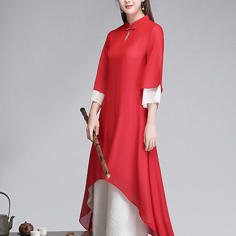 Buddha Stones Solid Damen Chiffon-Hemdkleid mit Dreiviertelärmeln und unregelmäßigem Schnitt, weite Hose, Meditationskleidung