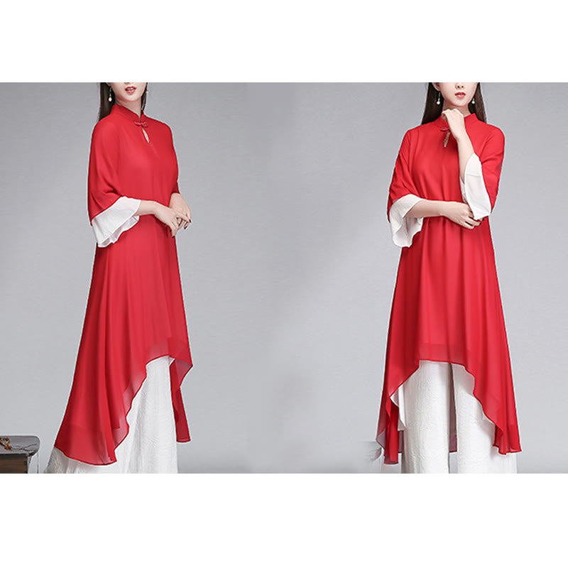Buddha Stones Solid Damen Chiffon-Hemdkleid mit Dreiviertelärmeln und unregelmäßigem Schnitt, weite Hose, Meditationskleidung