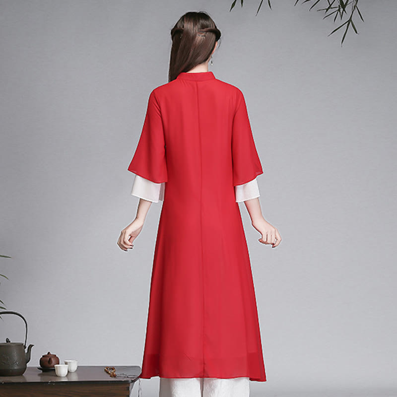 Buddha Stones Solid Damen Chiffon-Hemdkleid mit Dreiviertelärmeln und unregelmäßigem Schnitt, weite Hose, Meditationskleidung