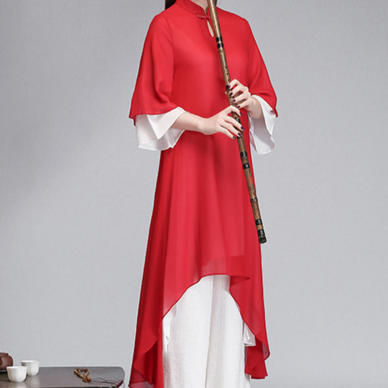 Buddha Stones Solid Damen Chiffon-Hemdkleid mit Dreiviertelärmeln und unregelmäßigem Schnitt, weite Hose, Meditationskleidung