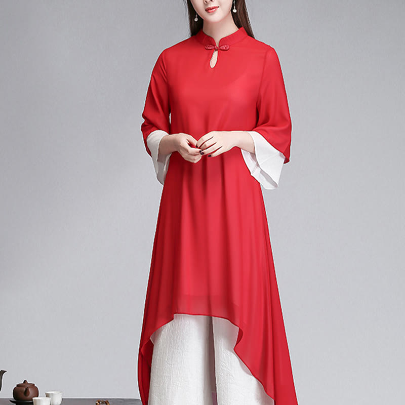 Buddha Stones Solid Damen Chiffon-Hemdkleid mit Dreiviertelärmeln und unregelmäßigem Schnitt, weite Hose, Meditationskleidung