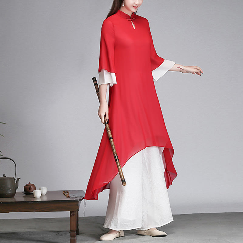 Buddha Stones Solid Damen Chiffon-Hemdkleid mit Dreiviertelärmeln und unregelmäßigem Schnitt, weite Hose, Meditationskleidung