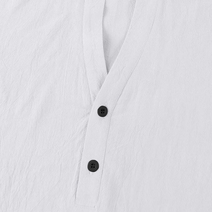 Buddha Stones Solid Sommer Kurzarm Halbknöpfe Leinen Herrenhemd - image 9