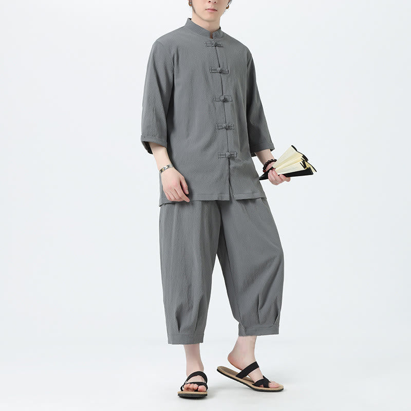 Buddha Stones 2-teiliges Herren-Set mit einfarbigen Froschknöpfen und Dreiviertelärmeln, Hemd und Hose - Dunkelgrau - US/ UK/AU46，EU56 (5XL) - image 1