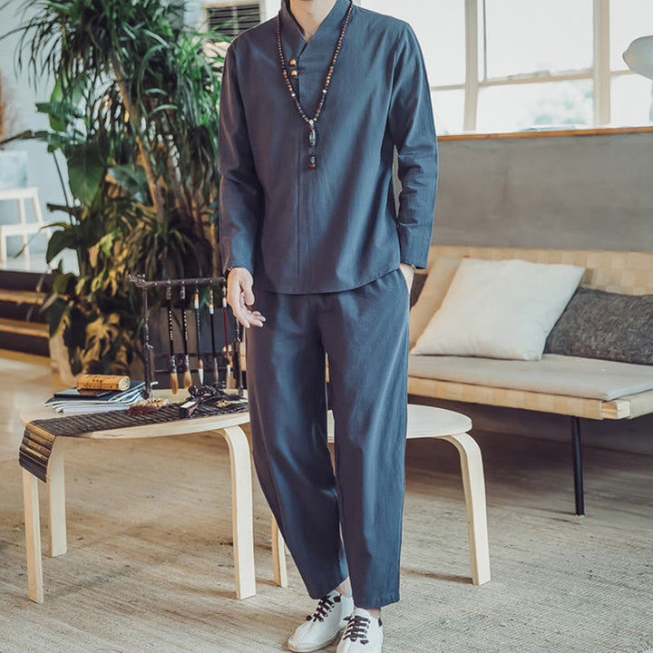 Buddha Stones 2-teiliges Baumwollhemd, knöchellange Hose mit Taschen, Meditationstuch-Set für Herren - Stahlblau - US/ UK/AU46，EU56 (5XL) - image 35