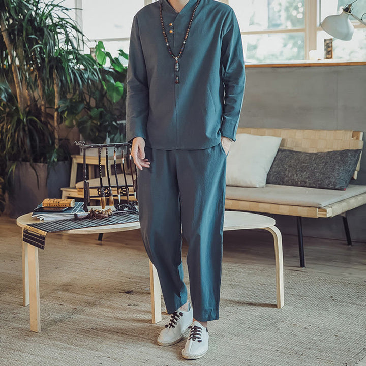 Buddha Stones 2-teiliges Baumwollhemd, knöchellange Hose mit Taschen, Meditationstuch-Set für Herren - Blaugrün - US/ UK/AU46，EU56 (5XL) - image 19
