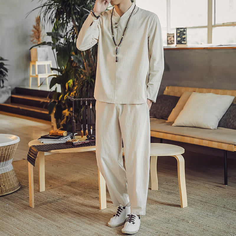 Buddha Stones ​​2-teiliges Set: Baumwollhemd und knöchellange Hose mit Taschen, Meditationskleidung für Herren - image 1