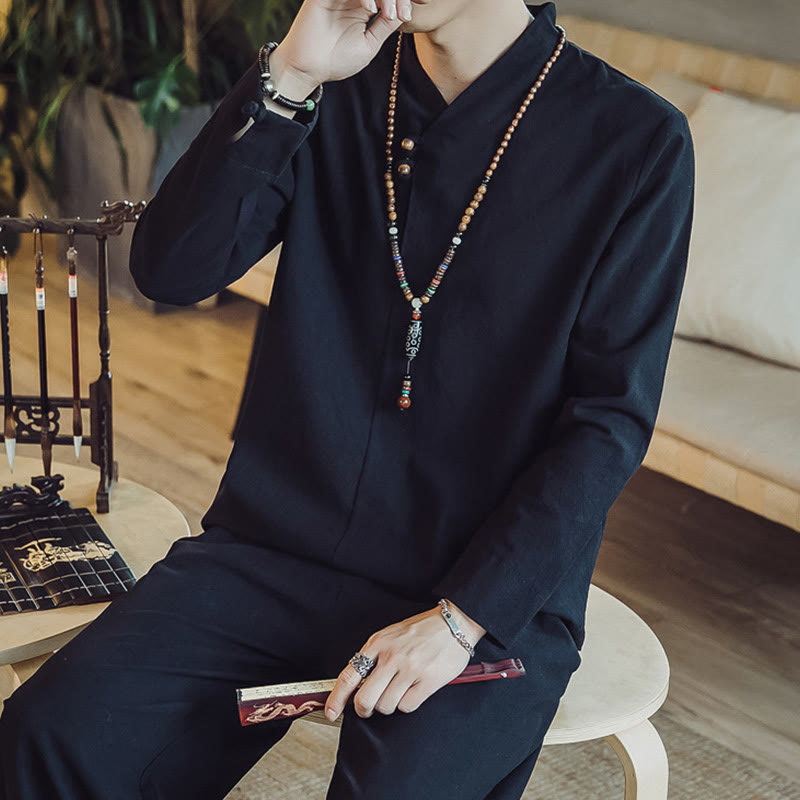 Buddha Stones 2-teiliges Baumwollhemd, knöchellange Hose mit Taschen, Meditationstuch-Set für Herren - image 17