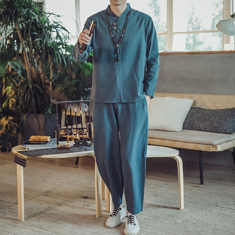 Buddha Stones 2-teiliges Baumwollhemd, knöchellange Hose mit Taschen, Meditationstuch-Set für Herren - image 20