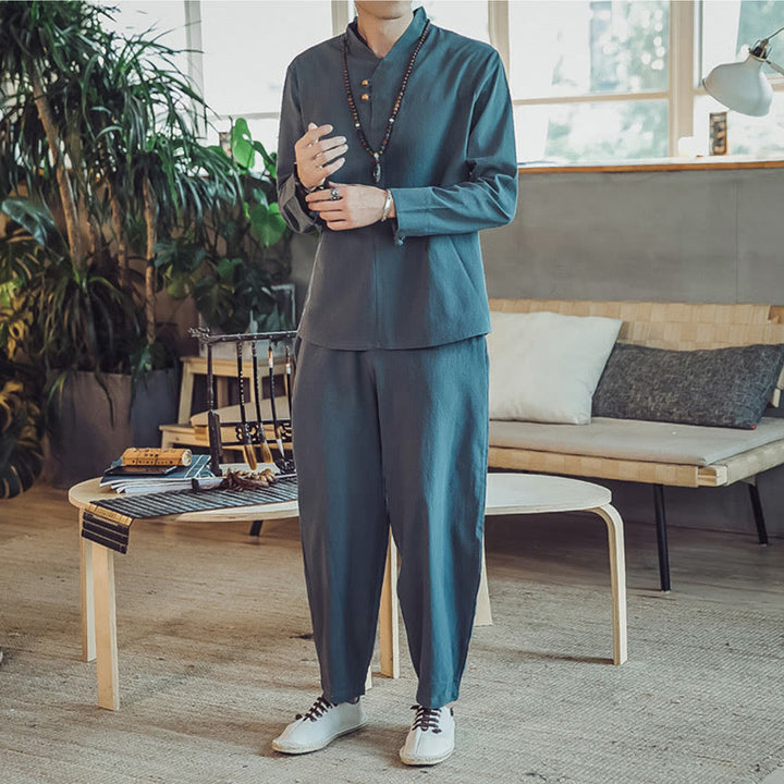 Buddha Stones 2-teiliges Baumwollhemd, knöchellange Hose mit Taschen, Meditationstuch-Set für Herren - image 21
