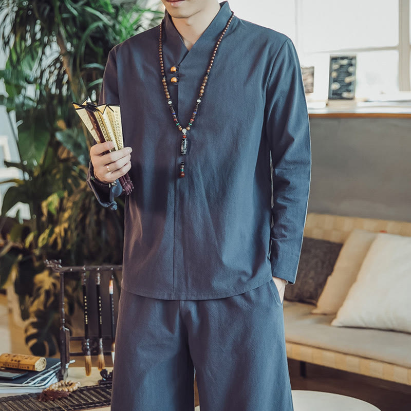 Buddha Stones 2-teiliges Baumwollhemd, knöchellange Hose mit Taschen, Meditationstuch-Set für Herren - image 43