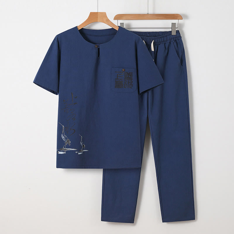 Buddha Stones 2-teiliges Set mit chinesischen Schriftzeichen, Kranich, Baumwollhemd und Hose mit Taschen für Herren - Stahlblau - US/ UK/AU46，EU56 (5XL) - image 6