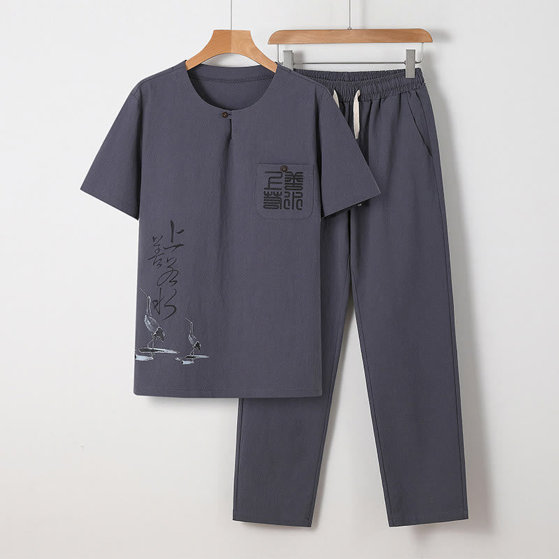 Buddha Stones 2-teiliges Set mit chinesischen Schriftzeichen, Kranich, Baumwollhemd und Hose mit Taschen für Herren - Grau - US/ UK/AU46, EU56 (5XL) - image 17