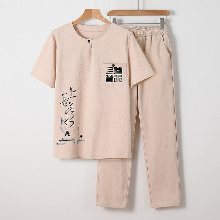 Buddha Stones 2-teiliges Set mit chinesischen Schriftzeichen, Kranich, Baumwollhemd und Hose mit Taschen für Herren - Biskuit - US/ UK/AU46, EU56 (5XL) - image 1