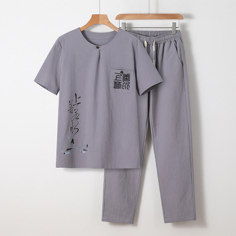 Buddha Stones 2-teiliges Set mit chinesischen Schriftzeichen, Kranich, Baumwollhemd und Hose mit Taschen für Herren - Hellgrau - US/ UK/AU46, EU56 (5XL) - image 0