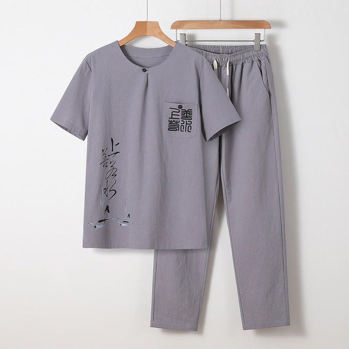 Buddha Stones 2-teiliges Set mit chinesischen Schriftzeichen, Kranich, Baumwollhemd und Hose mit Taschen für Herren - Hellgrau - US/ UK/AU46, EU56 (5XL) - image 0