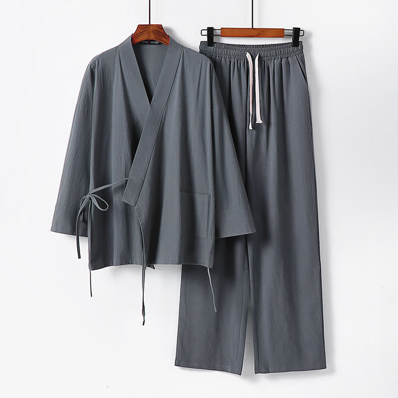 Buddha Stones 2-teiliges Kimono-Hosen-Set aus Baumwoll-Leinen-Meditationskleidung mit Schnürung und Taschen - Grau - US/UK/AU54, EU64 (9XL) - image 0