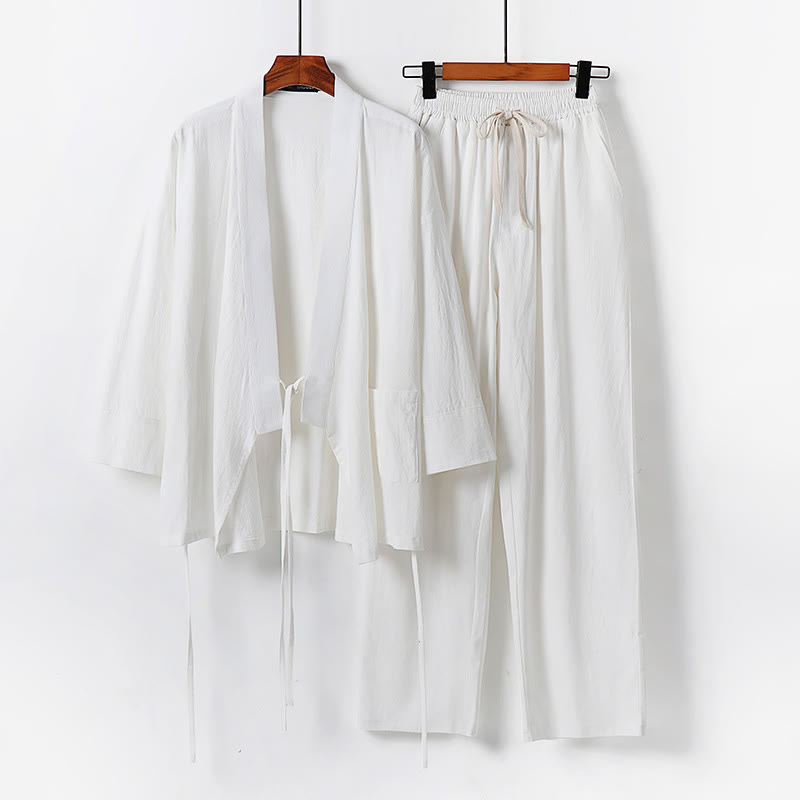 Buddha Stones 2-teiliges Kimono-Hosen-Set aus Baumwoll-Leinen-Meditationskleidung mit Schnürung und Taschen - Weiß - US/UK/AU54, EU64 (9XL) - image 1