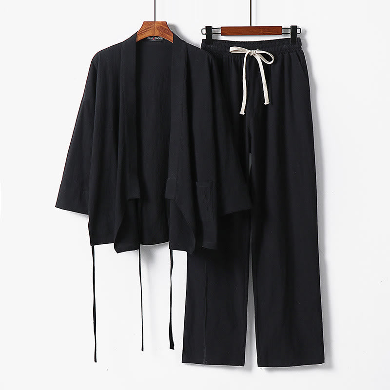 Buddha Stones 2-teiliges Kimono-Hosen-Set aus Baumwoll-Leinen-Meditationskleidung mit Schnürung und Taschen - Schwarz - US/UK/AU54, EU64 (9XL) - image 6