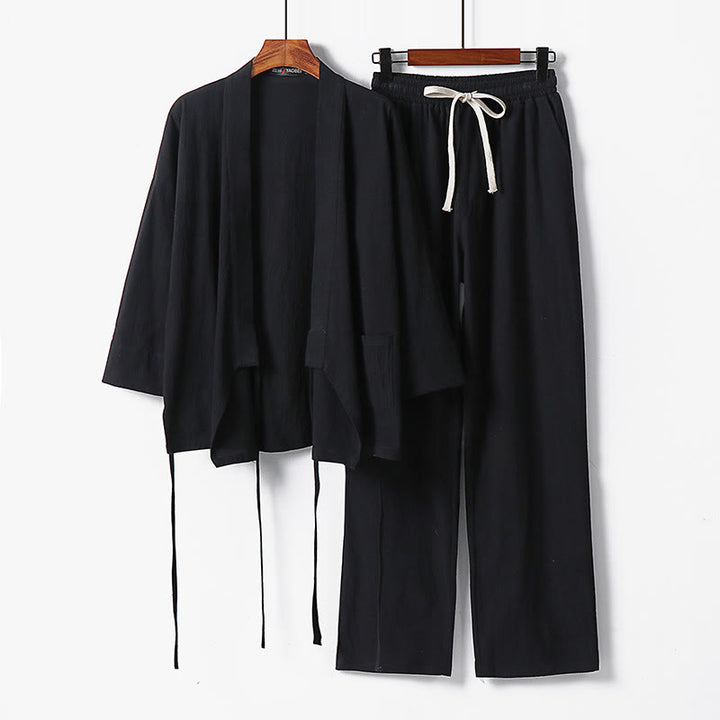 Buddha Stones 2-teiliges Kimono-Hosen-Set aus Baumwoll-Leinen-Meditationskleidung mit Schnürung und Taschen - Schwarz - US/UK/AU54, EU64 (9XL) - image 6