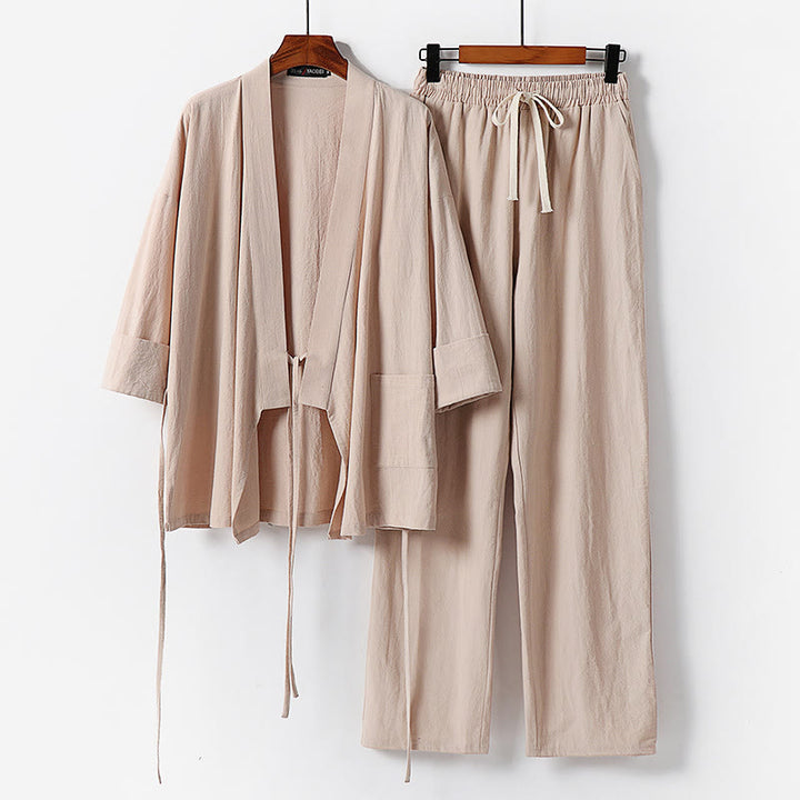 Buddha Stones 2-teiliges Kimono-Hosen-Set aus Baumwoll-Leinen-Meditationskleidung mit Schnürung und Taschen - Weizen - US/UK/AU54, EU64 (9XL) - image 9