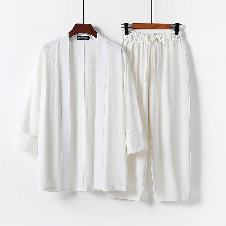 Buddha Stones 2-teiliges Baumwoll-Kimono-Set mit knöchellangen Hosen für Herren - Weiß - US/ UK/AU54，EU64 (9XL) - image 3