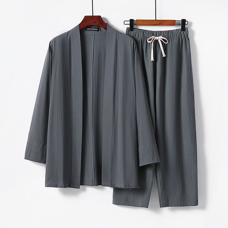 Buddha Stones 2-teiliges Baumwoll-Kimono-Set mit knöchellangen Hosen für Herren - Grau - US/ UK/AU54，EU64 (9XL) - image 1