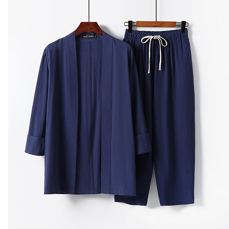 Buddha Stones 2-teiliges Baumwoll-Kimono-Set mit knöchellangen Hosen für Herren - Stahlblau - US/ UK/AU54，EU64 (9XL) - image 14