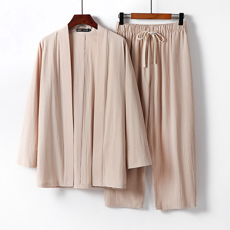 Buddha Stones 2-teiliges Baumwoll-Kimono-Set mit knöchellangen Hosen für Herren - Weizen - US/ UK/AU54，EU64 (9XL) - image 10