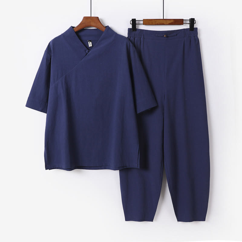 Buddha Stones 2-teiliges V-Ausschnitt-Baumwoll-Halbarm-Hemd-Hosen-Set mit Taschen für Herren - SteelBlue - US/ UK/AU56, EU66 (9XL) - image 0