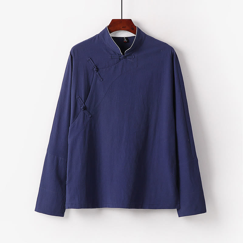 Buddha Stones Vintage Plain Chinese Frog-Button Langarm-Herrenhemd aus Baumwolle - SteelBlue - US/ UK/AU50, EU60 (7XL) - image 0
