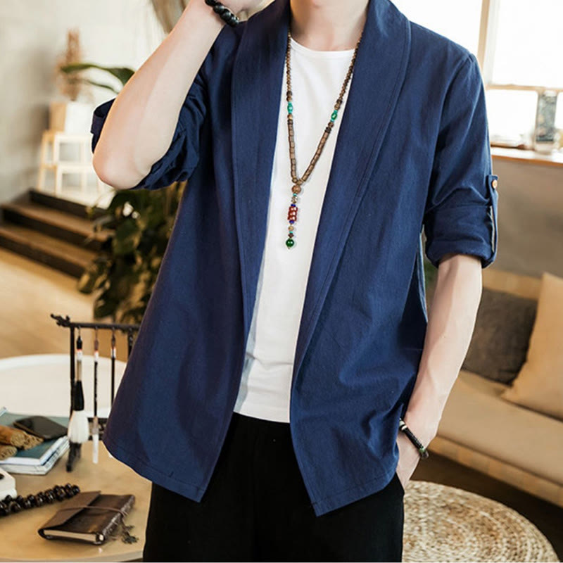Buddha Stones Vintage Plain Revers Offene Front Jacke Baumwolle Herren Kimono - Stahlblau - US/ UK/AU46，EU56 (5XL) - image 1