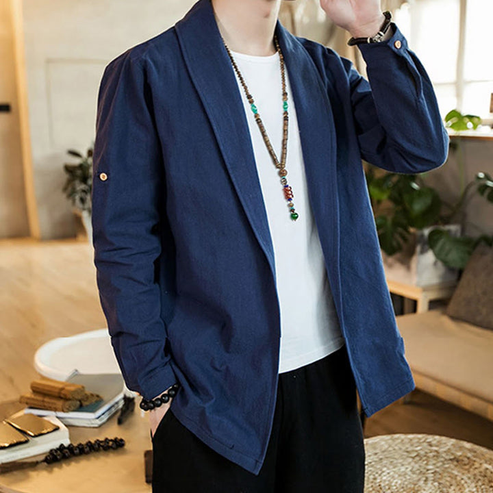 Buddha Stones Vintage Plain Revers Offene Front Jacke Baumwolle Herren Kimono - image 5
