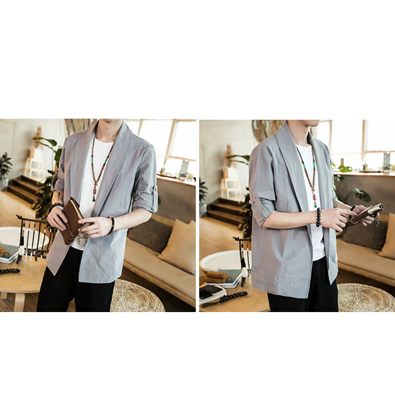 Buddha Stones Vintage Plain Revers Offene Front Jacke Baumwolle Herren Kimono - image 15