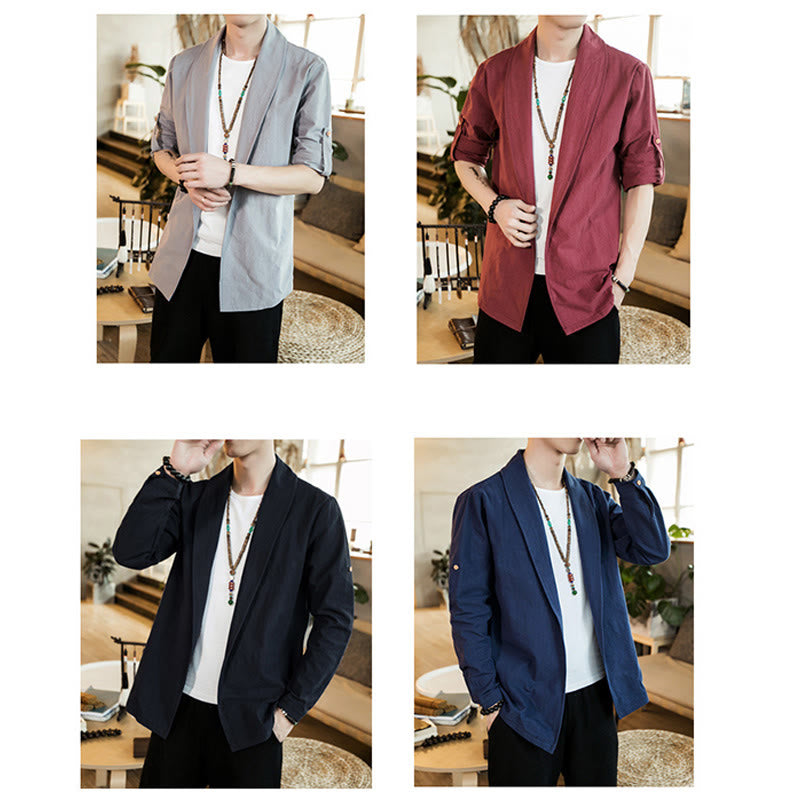 Buddha Stones Vintage Plain Revers Offene Front Jacke Baumwolle Herren Kimono - image 26