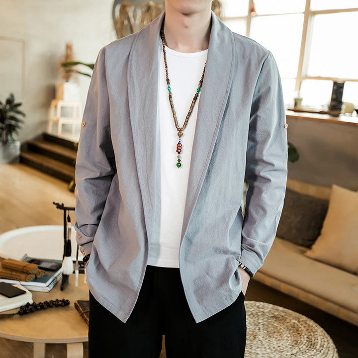 Buddha Stones Vintage Plain Revers Offene Front Jacke Baumwolle Herren Kimono - image 9