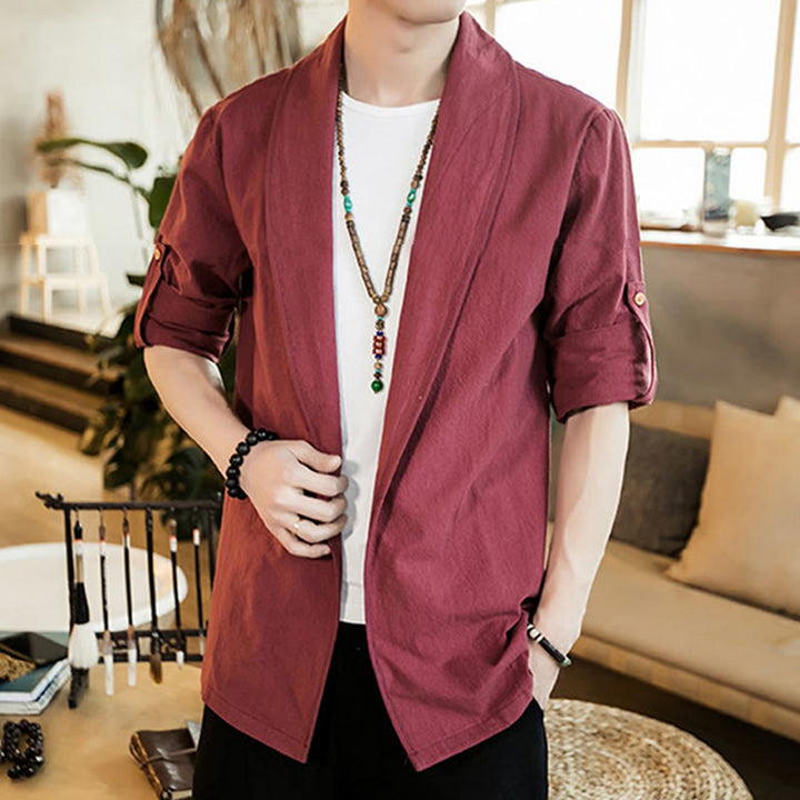 Buddha Stones Vintage Plain Revers Offene Front Jacke Baumwolle Herren Kimono - image 23