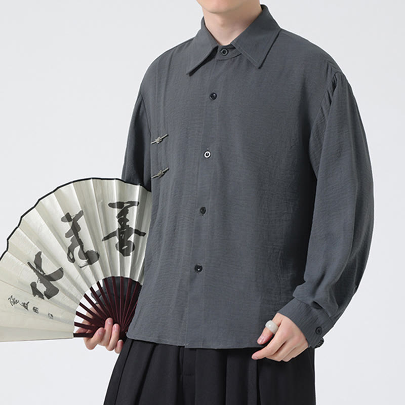 Buddha Stones Plain Buttons Stehkragen Langarm Herren Baumwollhemd - Grau - US/ UK/AU46，EU56 (5XL) - image 1