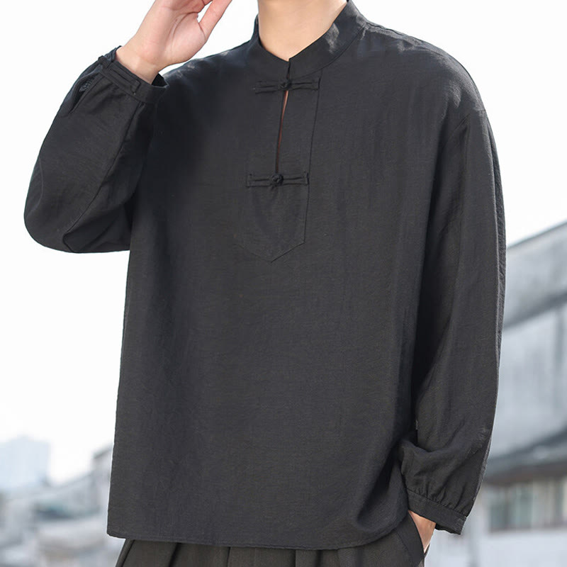 Buddha Stones Herren-Baumwollhemd mit zwei Froschknöpfen und Stehkragen, langärmelig - Schwarz - US/UK/AU48, EU58 (5XL) - image 0