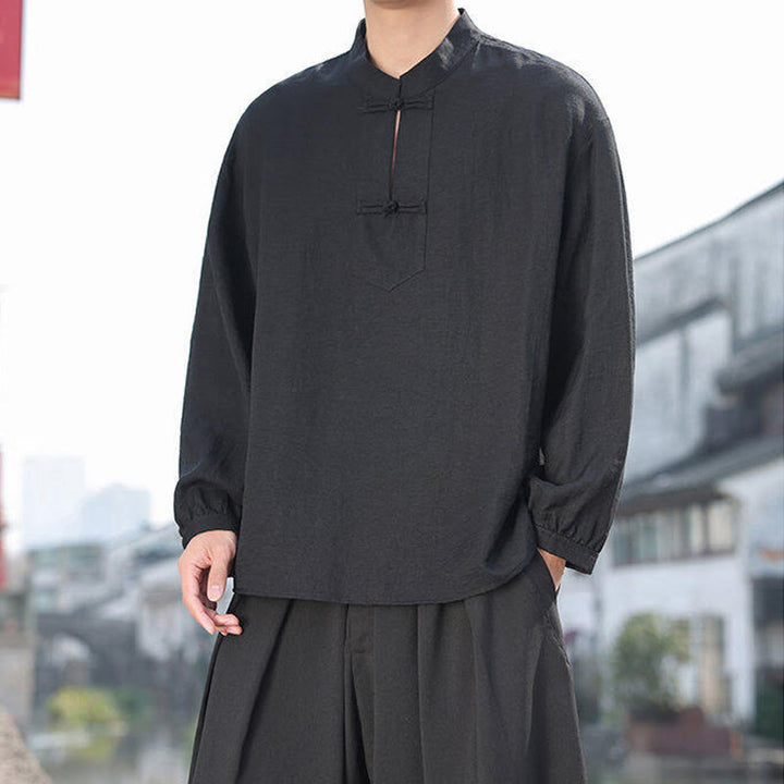 Buddha Stones Herren-Baumwollhemd mit zwei Froschknöpfen und Stehkragen, langärmelig - image 8